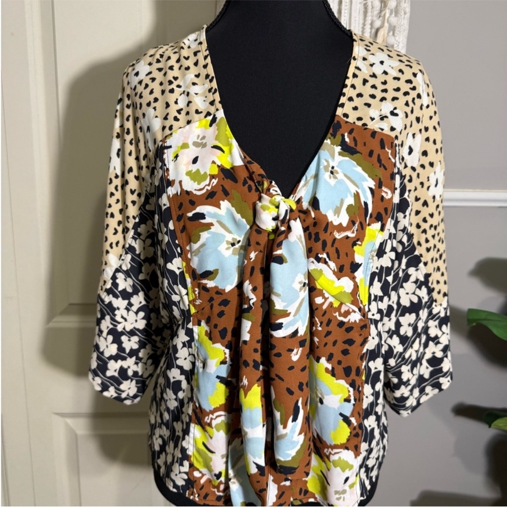 CAbi Mixed Print Tie-Front Blouse - Brown Multi with Blue & Yellow Accents